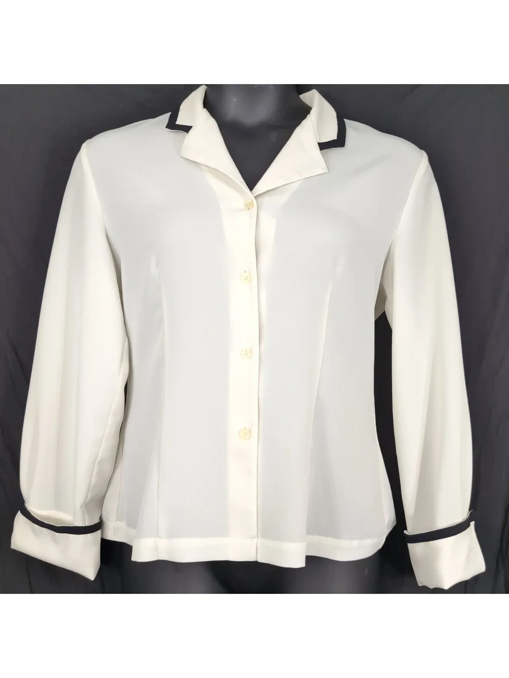 Chaus Off White Shirt Size 10 Black Trim Piping Vintage Nautical Secretarial